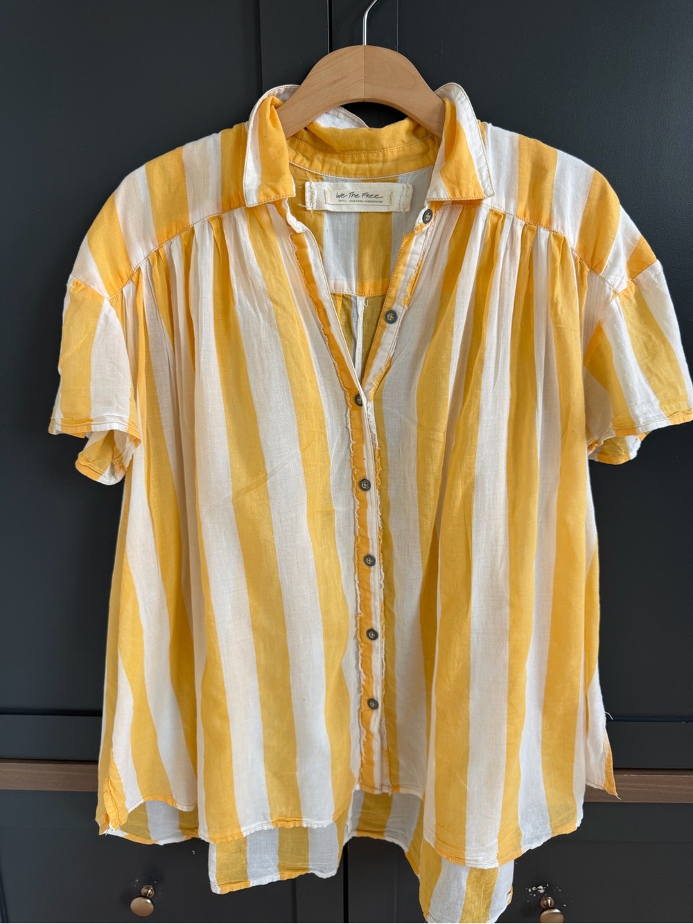 We The Free Float Away Stripe Yellow & White  Button-Down Cotton Shirt | Small - Picture 3 of 9